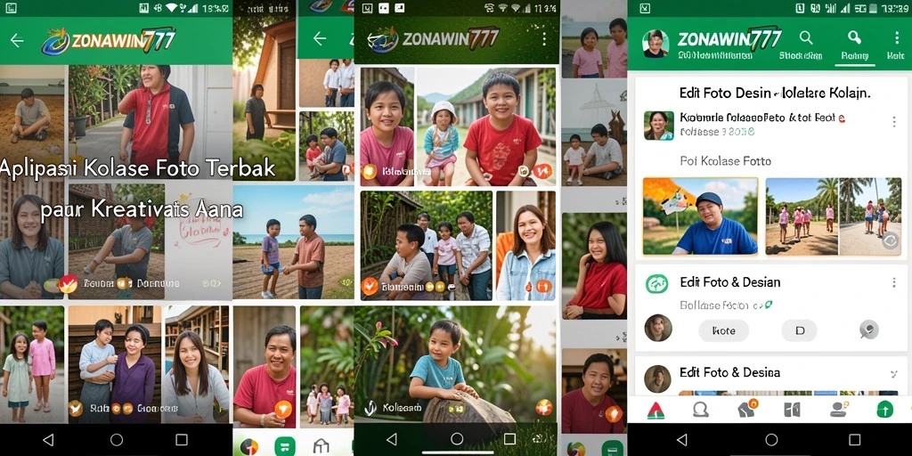Antarmuka ZONAWIN777 dengan berbagai fitur Kolase Foto.